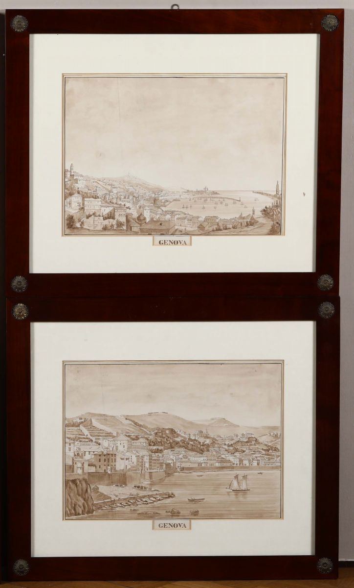 Saverio Pistolesi : Vedute di Genova  - due acquerelli su carta - Asta Arte Marinara e Strumenti Scientifici - Cambi Casa d'Aste