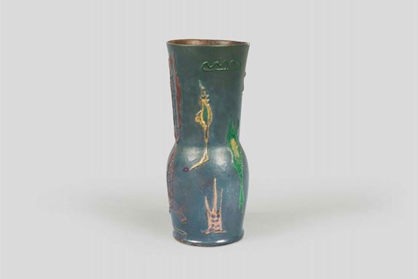 Pietro Melandri, Faenza, 1950 ca. An hourglass terracotta vase with a polychrome abstract decor