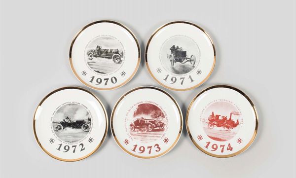 Piero Fornasetti, Milano, 1970s. A series of five plates for the Salone Internazionale dell'automobile in Torino. Years 1970 - 1971 - 1972 - 1973 - 1974