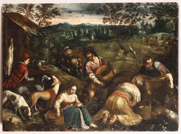 Jacopo da Ponte detto Bassano (1510/18-1592), scuola di Scena campestre con contadini e animali