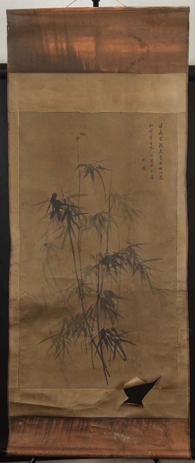 Dipinto su Carta Raffigurante Piante di Bamboo con Iscrizione, Cina, Dinastia Qing, XIX Secolo