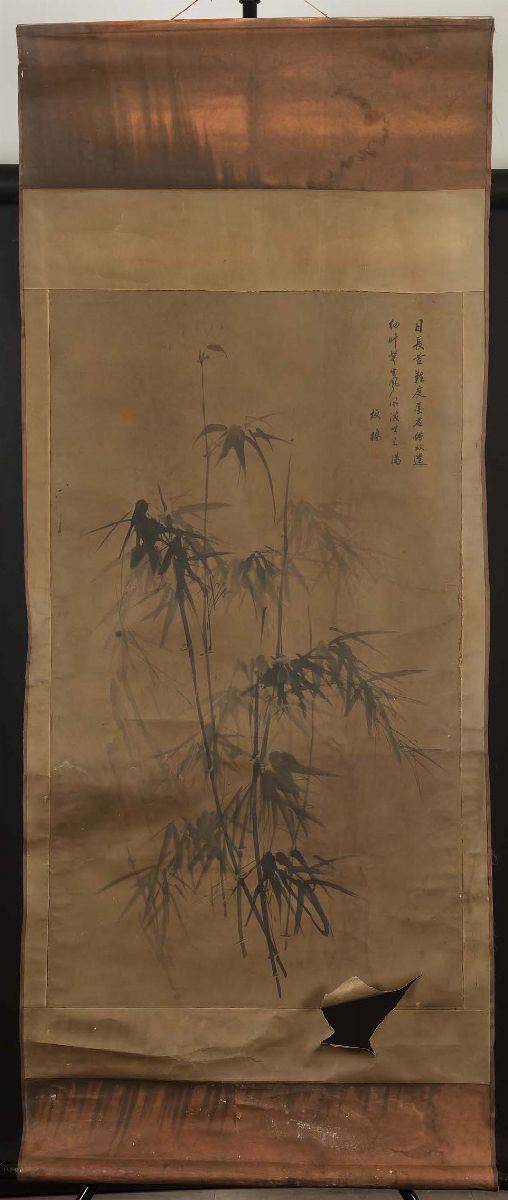 Dipinto su carta raffigurante piante di bamboo con iscrizione, Cina, Dinastia Qing, XIX secolo