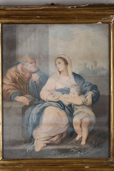 Stampa Acquerellara Raffigurante Sacra Famiglia, XVIII-XIX Secolo