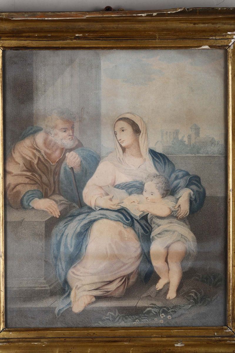 Stampa acquerellara raffigurante Sacra Famiglia, XVIII-XIX secolo  - Auction Timed Fine Art - I - Cambi Casa d'Aste