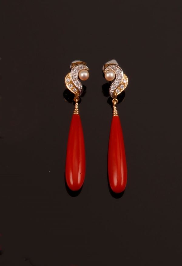 Pair of coral, diamond and pearl pendant earrings