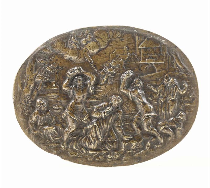 Placca bronzea con “Lapidazione di Santo Stefano”, fusione a cera persa opera di artista di mano maestra attivo in Italia, tra il XVII e il XVIII secolo  - Asta Antiquariato - Cambi Casa d'Aste