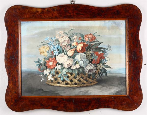 Scuola bolognese del XIX secolo Natura morta con fiori in cesto di vimini