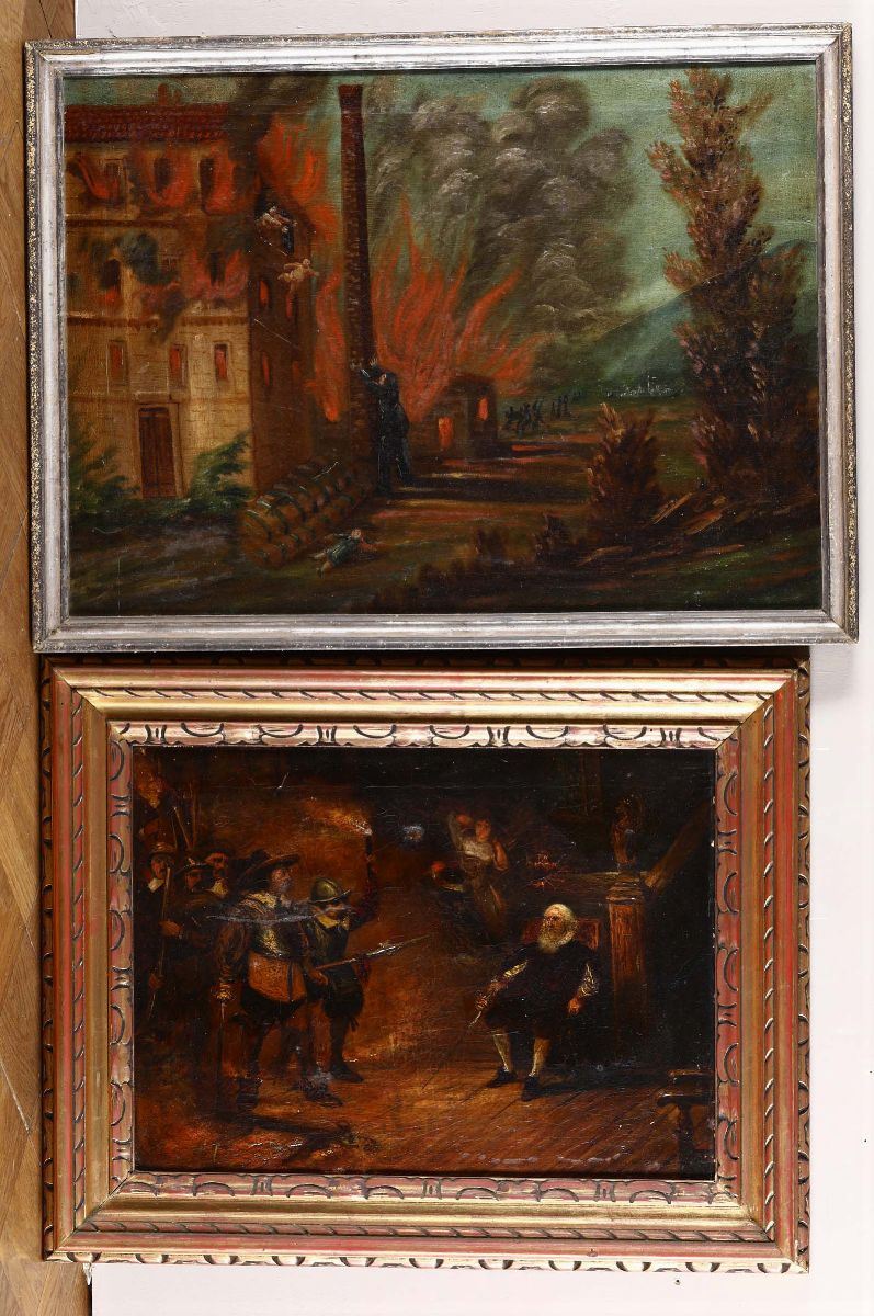 Lotto di due dipinti ad olio su tela raffiguranti incendio e scena di genere  - Asta Asta a Tempo Antiquariato - I - Cambi Casa d'Aste