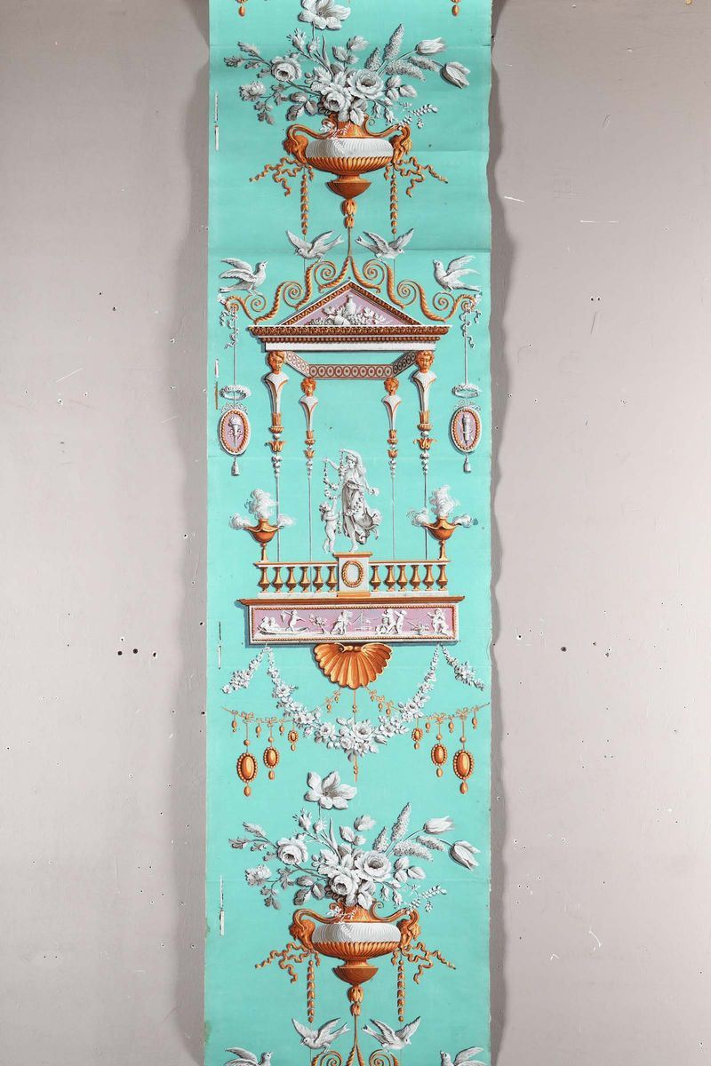 Carta da parati dipinta a tempera con motivi neoclassici, XVIII secolo  - Auction Fine Art - Cambi Casa d'Aste