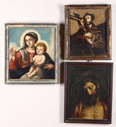 Lotto di Tre Dipinti Ad Olio su Tela a Tema Religioso, XVIII-XIX Secolo