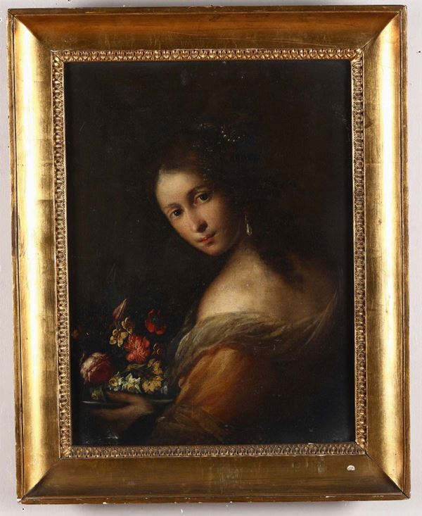 Scuola del XVIII secolo Ritratto di fanciulla con fiori