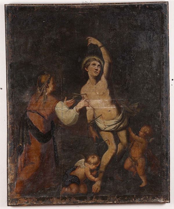 Lotto di due dipinti raffiguranti S.Sebastiano ed episodio religioso, XVIII secolo