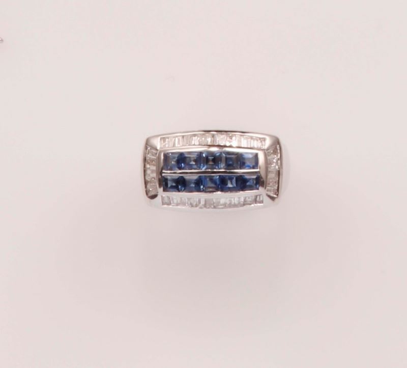 Anello a fascia con diamanti e zaffiri taglio carrè  - Auction Vintage, Jewels and Watches - Cambi Casa d'Aste
