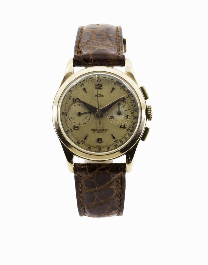 HERODIA, orologio da polso, cronografo, in oro giallo 18K, a carica manuale. Realizzato nel 1950 circa  - Auction Vintage, Jewels and Watches - Cambi Casa d'Aste