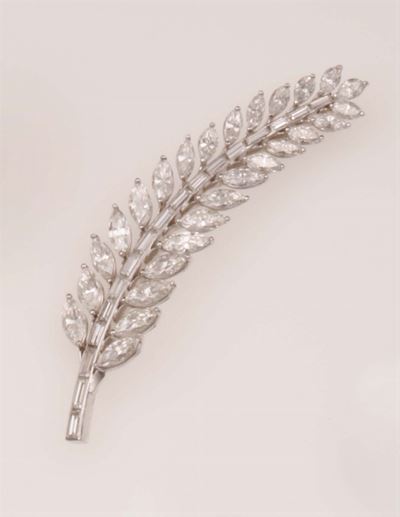 Spilla Piuma con Diamanti Taglio Navette e Baguette