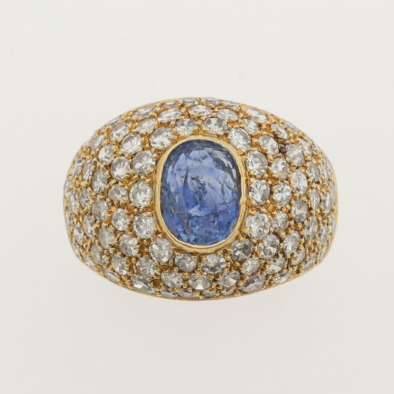 Anello con zaffiro Sri Lanka e pavé di diamanti  - Auction Vintage, Jewels and Watches - Cambi Casa d'Aste