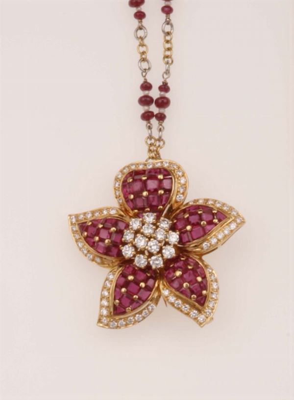 Ruby and diamond necklace. Pendant detachable and can be worn as brooch. Signed Sabbadini