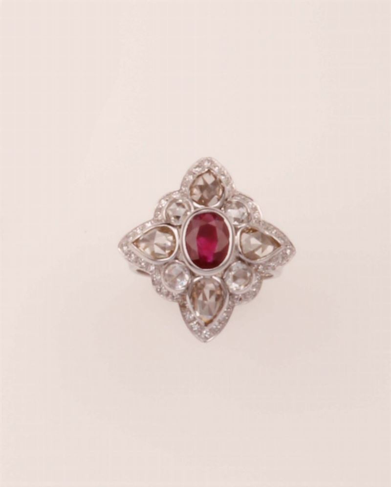 Anello con rubino centrale e diamanti taglio rosa d'Olanda  - Asta Fine Jewels - Cambi Casa d'Aste