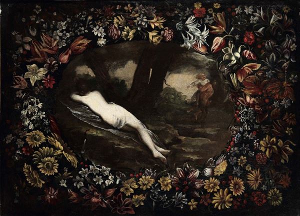 Scuola del XVII secolo Ninfa entro corona floreale