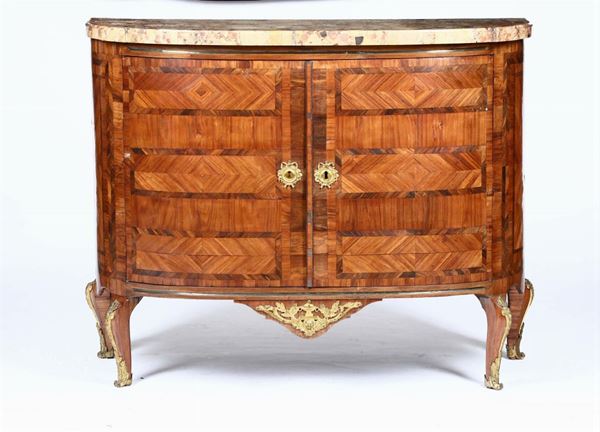 Credenza demilune lastronata ed intarsiata, Sicilia XVIII-XIX secolo