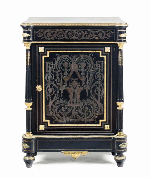 Credenzino ad un'anta in legno ebanizzato ed intarsiato, XIX secolo
