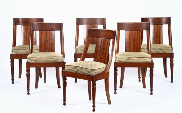 Sei sedie con schienale intarsiato, XIX secolo