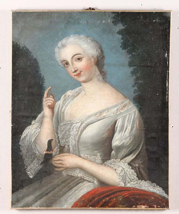 Scuola del XVIII secolo Ritratto di dama con uccellino