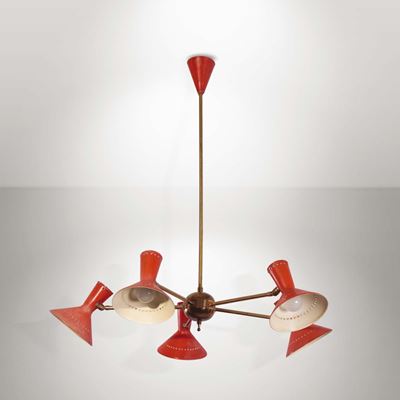 Lampada a Sospensione con Struttura in Ottone e Metallo Laccato. Prod. Italia, 1950 Ca. CM 75x80