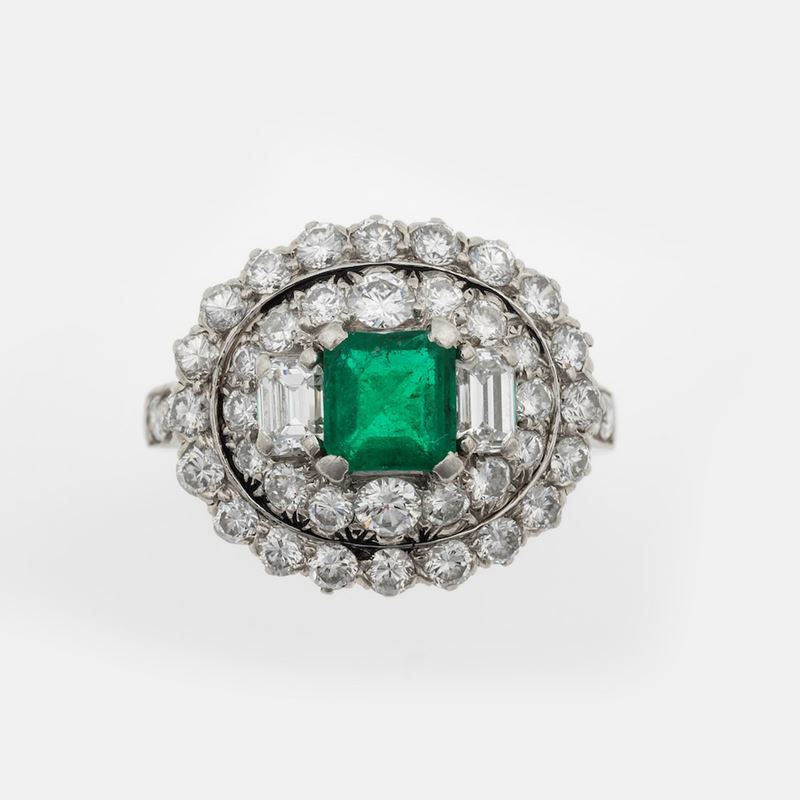 Emerald, diamond and platinum ring  - Auction Jewels - Cambi Casa d'Aste