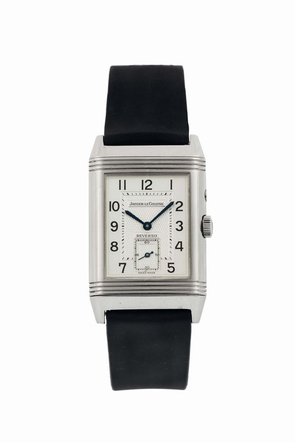 Jaeger-LeCoultre, Reverso, Duoface Night and Day, Ref. 270.8.54. Very fine, rectangular and reversible, two time zone, double dialed, stainless steel wristwatch with a stainless steel Jaeger- LeCoultre deployant clasp. Made in the 2000s.