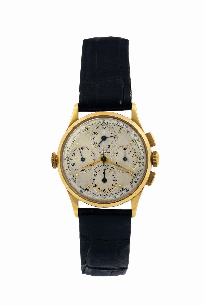 UNIVERSAL GENEVE, AEROCOMPAX, Ref.52205. Very fine and rare  14K yellow gold chronograph wristwatch with registers, tachometer and memento. Made circa 1950  - Auction Watches and Pocket Watches - Cambi Casa d'Aste
