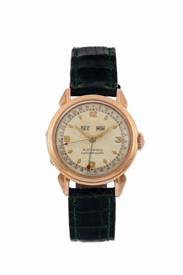 Movado, Calendomatic, Ref. R6370, fine and rare, 18K pink gold, bumper, self-winding, calendar wristwatch. Made circa 1950