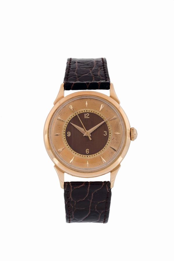 ESKA, Watch Co., Swiss Automatic, case No. 143746. Fine, self-winding, water resistant, 18K pink gold and enamel dial wristwatch. Made circa 1960