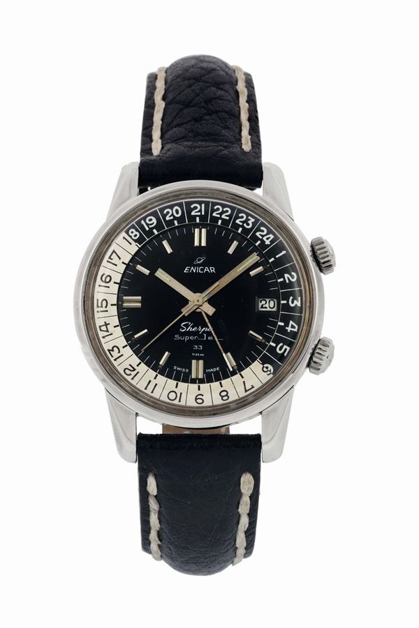 ENICAR, Super Jet 33, Seapearl, GMT, orologio da polso, in acciaio, impermeabile con datario, funzione GMT e due corone. Realizzato nel 1960 circa