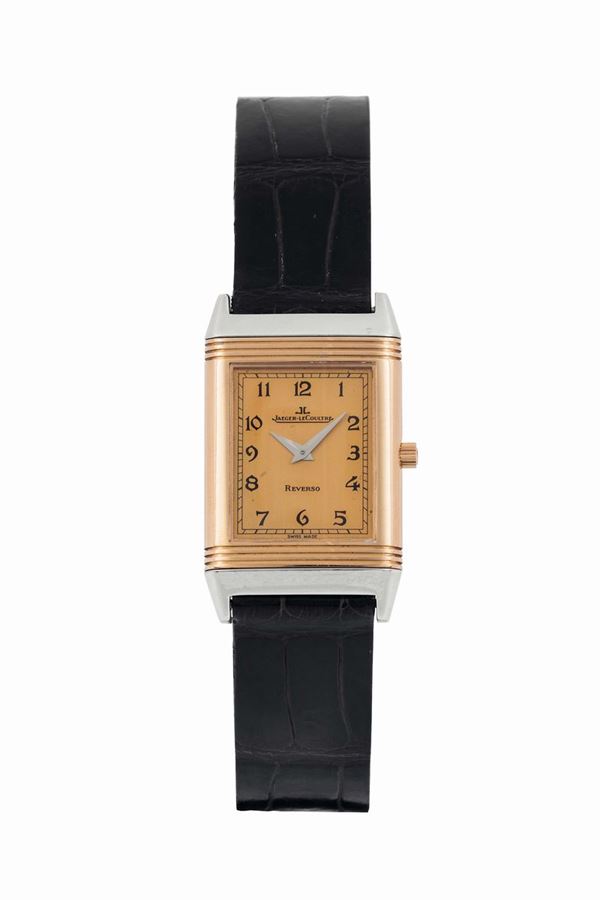 Jaeger-LeCoultre, Reverso, No 18/60. Ref. 250.486. Made in a limited edition of only 60 pieces in 1997. Fine, rectangular, 18K pink gold  and stainless steel reversible wristwatch with a stainless steel Jaeger LeCoultre deployant clasp. Accompanied by the original box, Guarantee, additional black dial and instruction booklet.