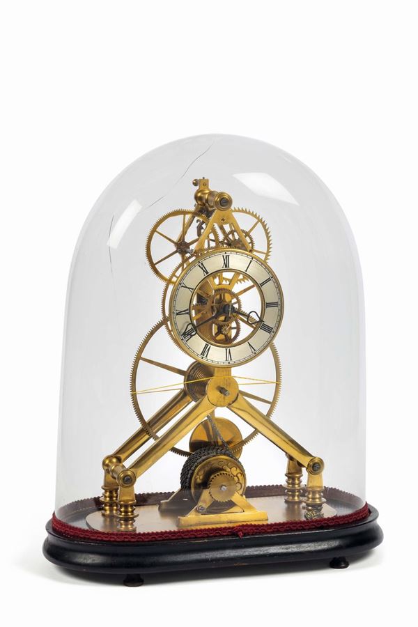An English brass Lyre-shaped skeleton clock. Made circa 1900. Engraved silvered chapter ring with Roman numerals,  pear blued steel  hands, spring driven fusee and chain movement with platform anchor escapement