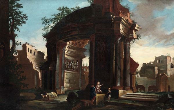 Scuola romana del XVIII secolo Paesaggio con rovine