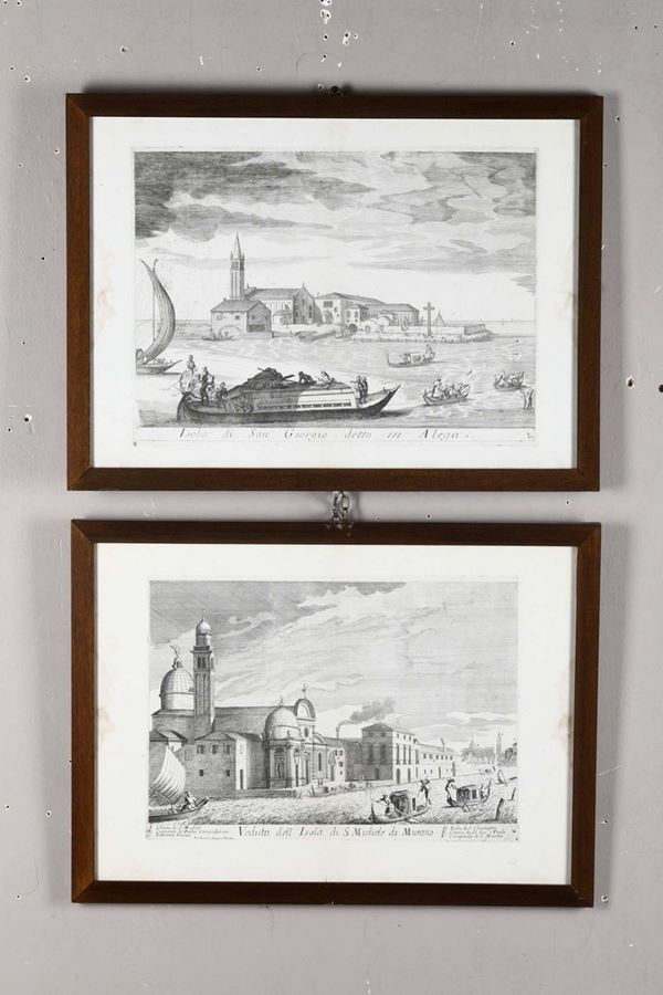 Coppia di incisioni raffiguranti Isola di San Giorgio e Veduta dell'isola di S.Michele di Murano, XIX secolo