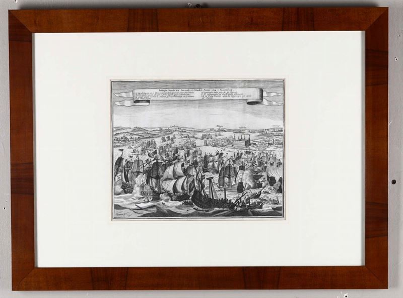 Incisione, XVIII secolo Battaglia navale tra Svedesi e Olandesi, novembre 1658  - Auction Old Master Paintings - Cambi Casa d'Aste