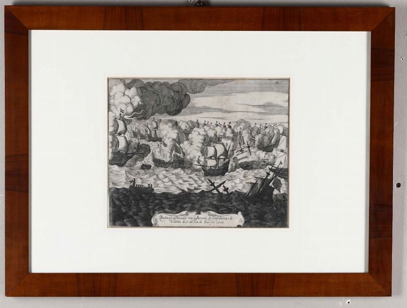 Incisione, XVIII secolo Battaglia navale tra le armate di Inghilterra e Olanda, 11-14 giugno 1666  - Asta Dipinti Antichi - Cambi Casa d'Aste