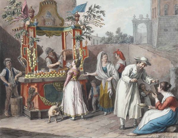 Saverio della Gatta (1758 - 1828) L’Acquaiolo Napoletano, 1822 Friggitore di zeppole, Venditrice di uova, L’acquaiolo ambulante, 1823