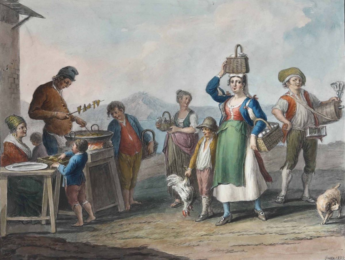 Saverio della Gatta (1758 - 1828)L’acquaiolo Napoletano, 1822 Friggitore di Zeppole, Venditrice d...