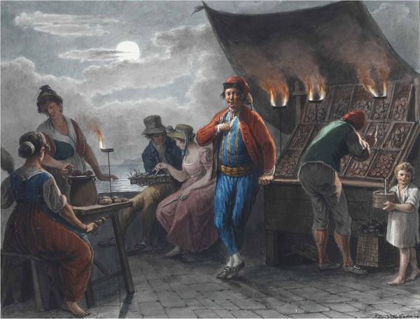 Saverio della Gatta (1758 - 1828) Venditore di ostriche e frutti di mare, 1822 Gruppo di lazzaroni a Chiaga, 1825