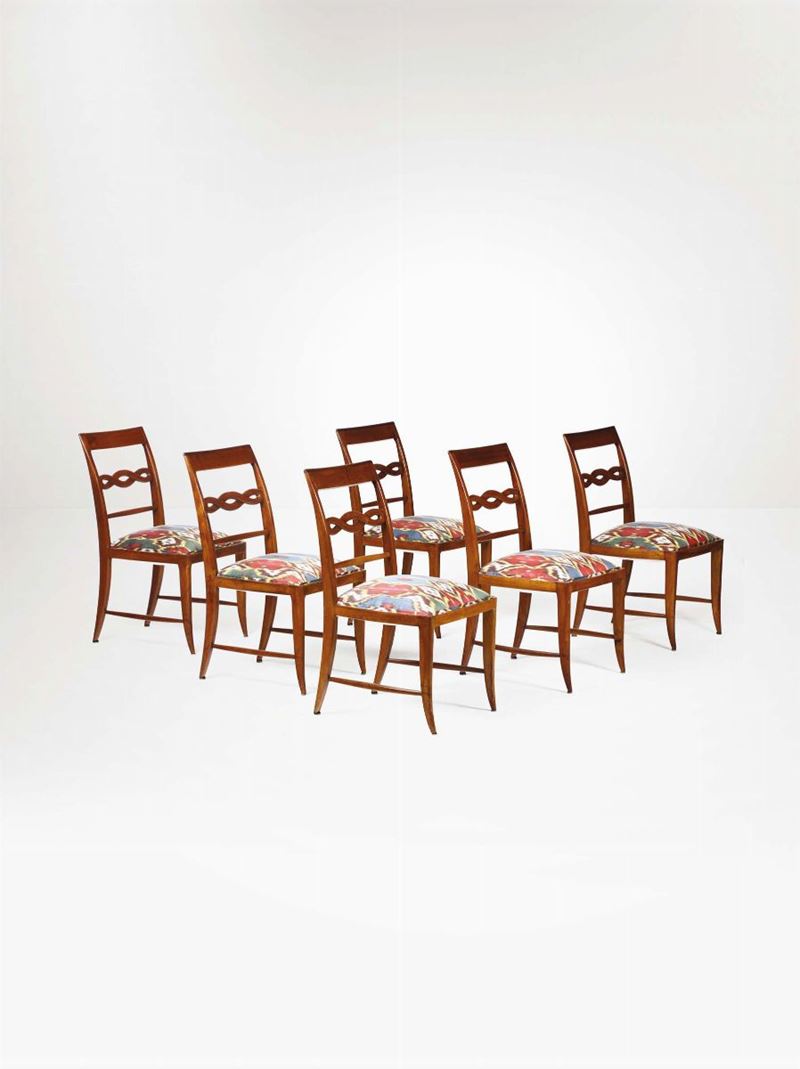 Sei sedie con struttura in legno e rivestimenti in tessuto.  - Auction Design II - II - Cambi Casa d'Aste