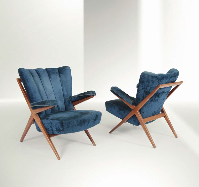Franco Albini, a pair of mod. 432 armchairs with a cherry wood structure and fabric upholstery. Cassina Prod., Italy, 1948  - Auction Fine Design - Cambi Casa d'Aste
