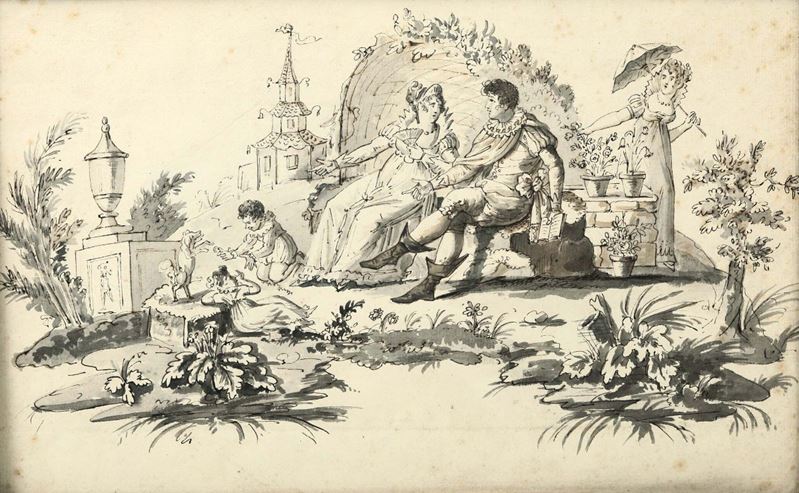 Salvatore Giusti (Napoli, 1773- post 1845), attr. Gioacchino Murat, la moglie Carolina e due figli, 1808 circa  - Asta Antiquariato - Cambi Casa d'Aste