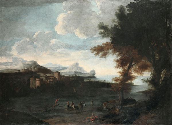 Crescenzo Onofri (Roma 1632-1715 ca.), cerchia di Paesaggio con pescatori e architetture
