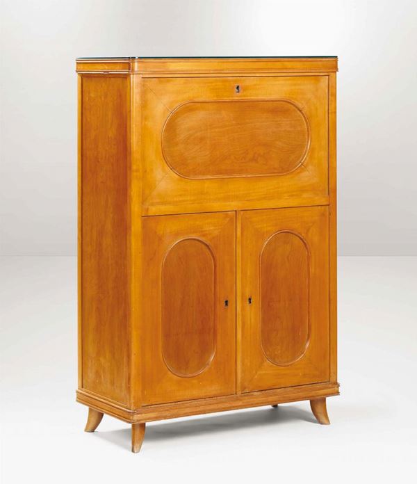 A wooden bar cabinet. Mirror and glass lining inside. Italy, 1950 ca.