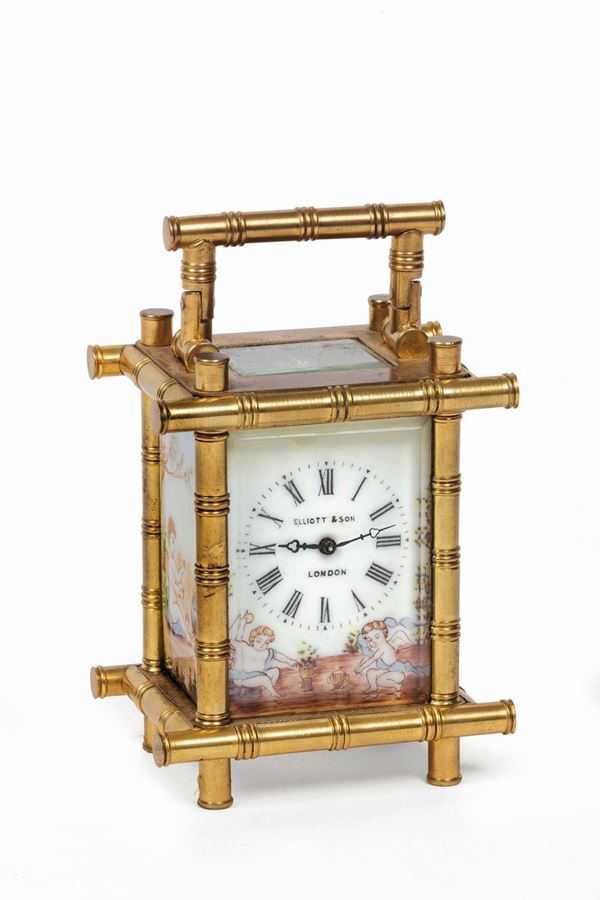 Elliott & Son, London, a brass cased carriage clock with painted panels, depicting cherubs, casing of faux bamboo form, with key. Made circa 1900
