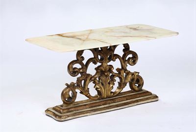 Tavolino in Legno Intagliato e Dorato con Piano in Marmo, XIX-XX Secolo